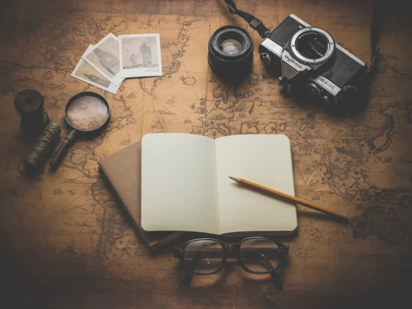 Flat Ray Photography Of Book, Pencil, Camera, Perfect Picture For Treasure Map Seo.and With Lens